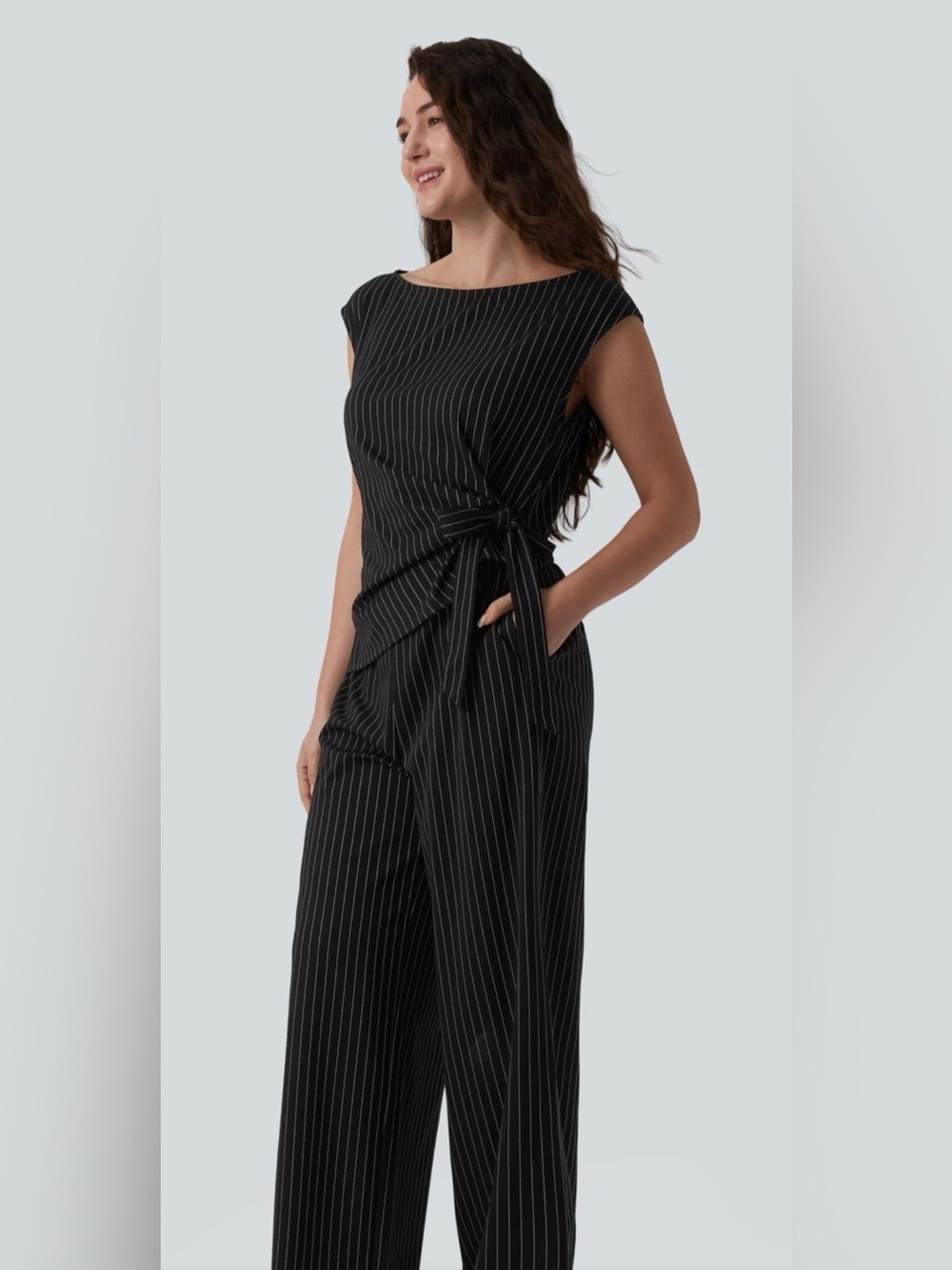 HALARA Black Pinstripe Wide-Leg Jumpsuit with Side Tie Waist
